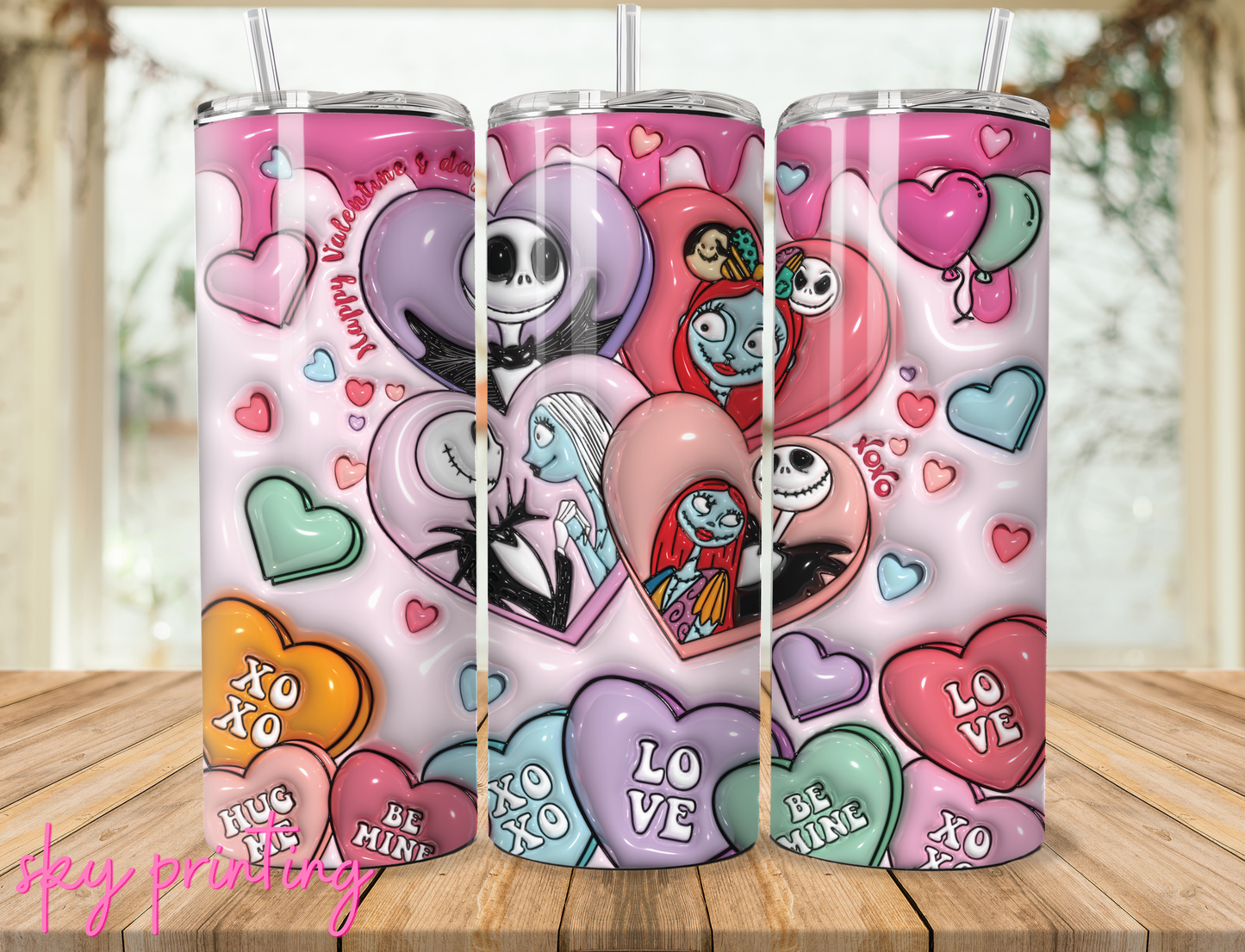 20 oz steel tumbler with plastic straw with Jack and sally