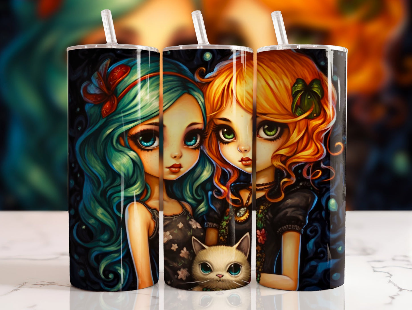 20 oz steel tumbler with plastic straw with Halloween image