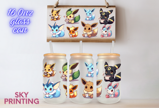 16 oz glass cup bamboo lid and plastic straw, Pokémon design