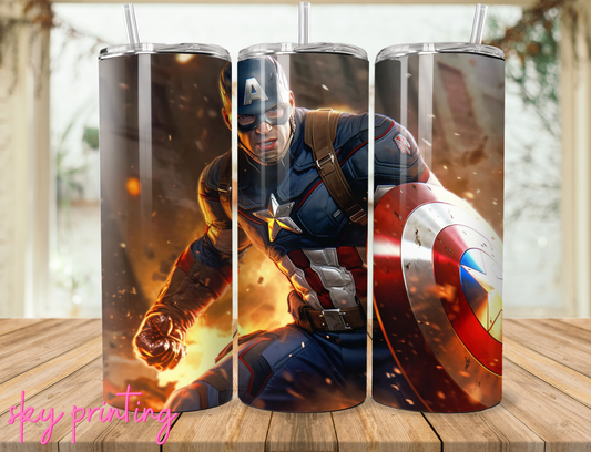 20 oz steel tumbler with plastic straw with Capt America image