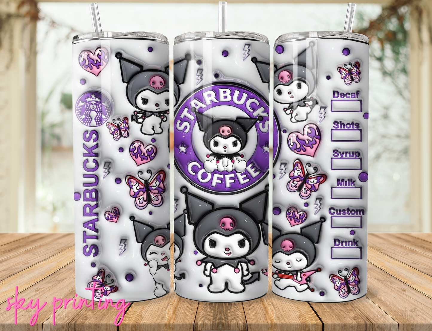 20 oz steel tumbler with plastic straw, Kuromi
