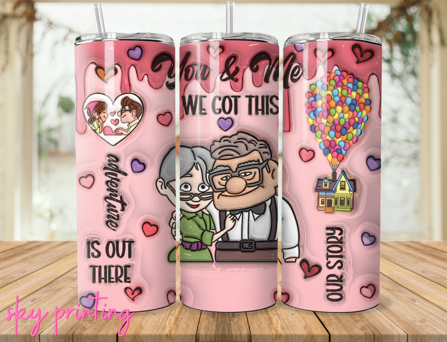 20 oz steel tumbler with plastic straw with Carl and ellie