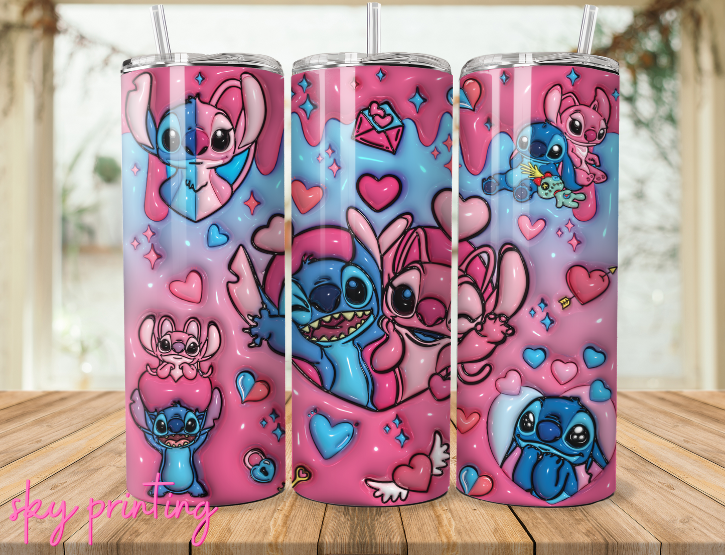 20 oz steel tumbler with plastic straw with Stitch