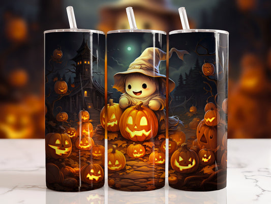 20 oz steel tumbler with plastic straw with Halloween image