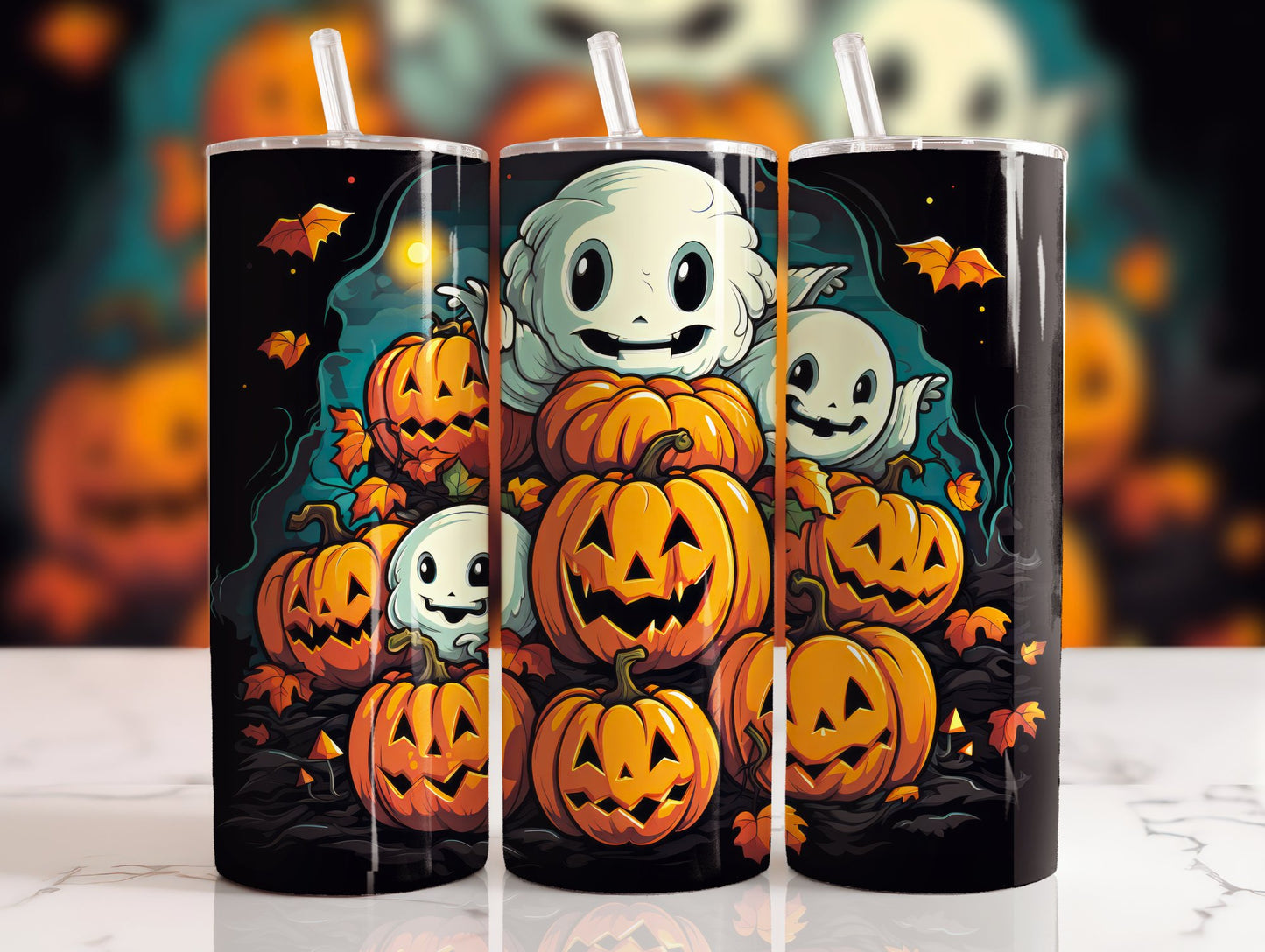 20 oz steel tumbler with plastic straw with Halloween image