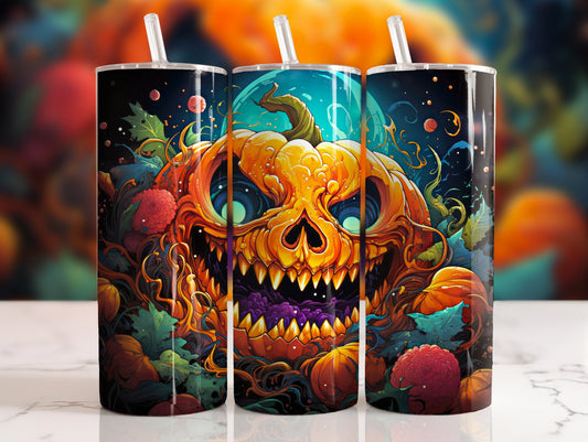20 oz steel tumbler with plastic straw with Halloween image