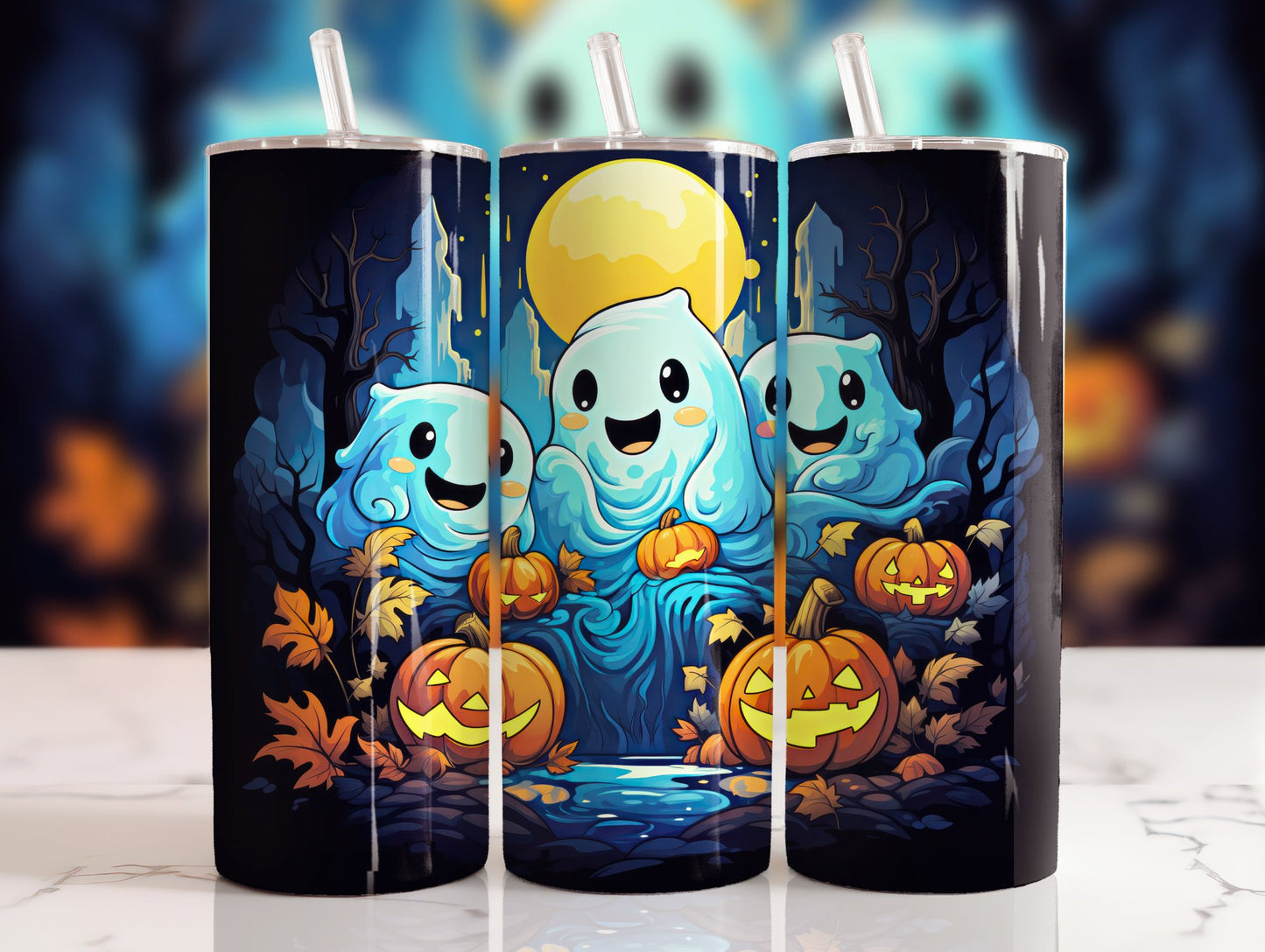 20 oz steel tumbler with plastic straw with Halloween image