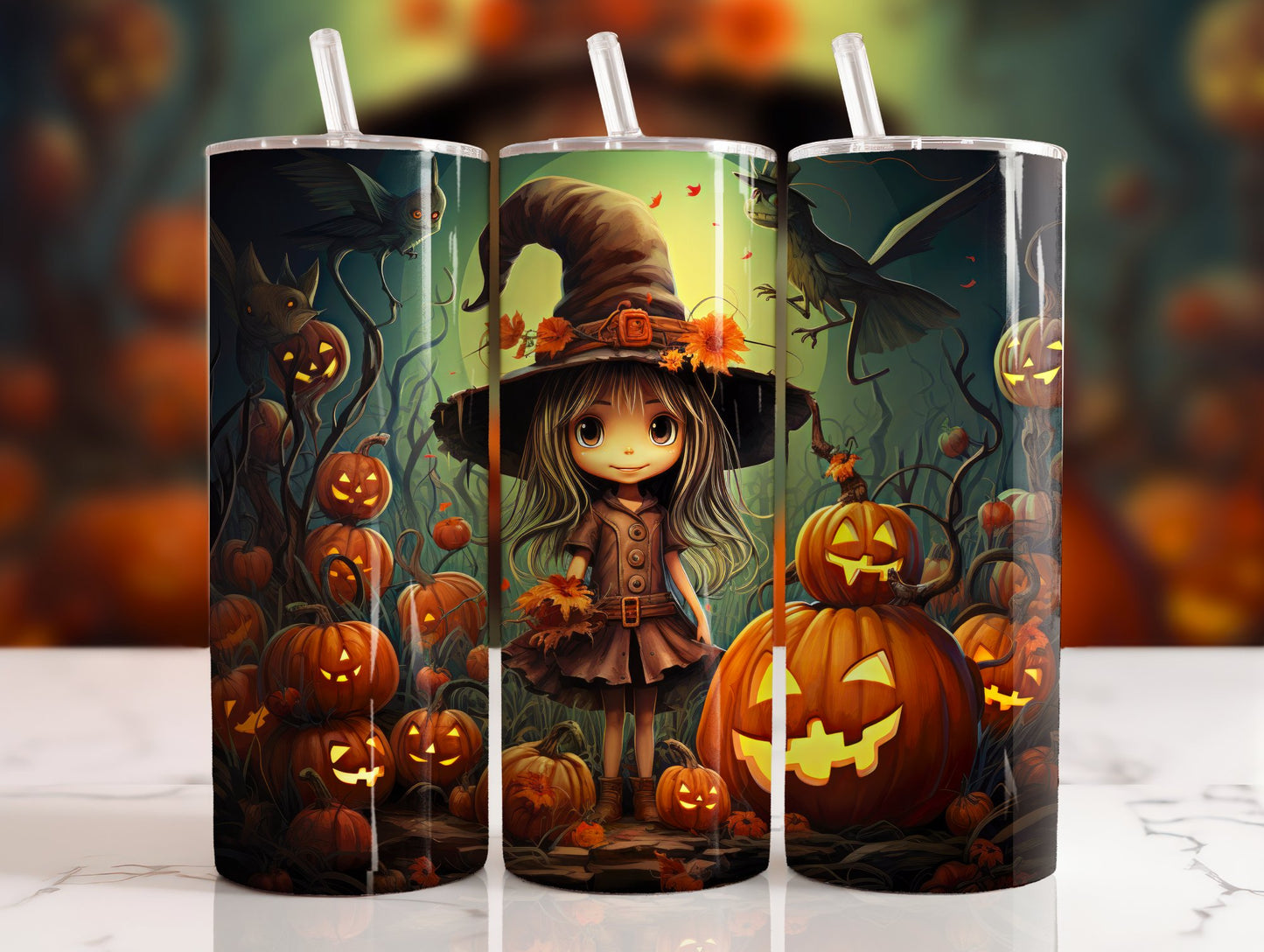 20 oz steel tumbler with plastic straw with Halloween image