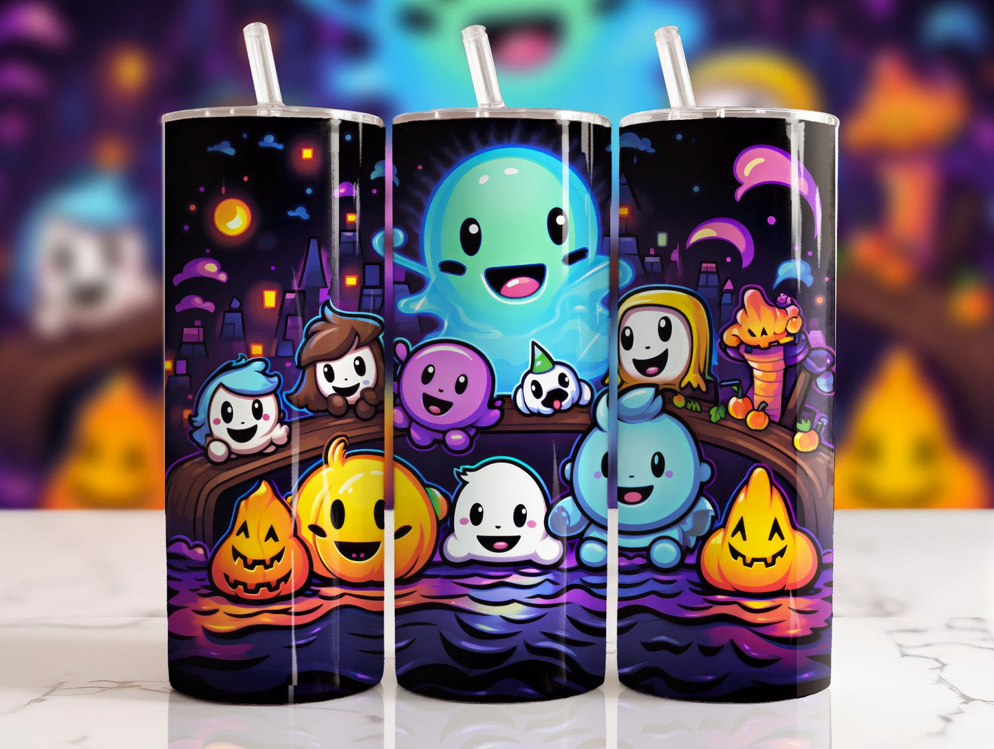20 oz steel tumbler with plastic straw with Halloween image