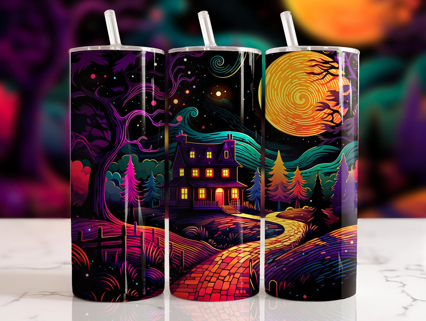 20 oz steel tumbler with plastic straw with Halloween image