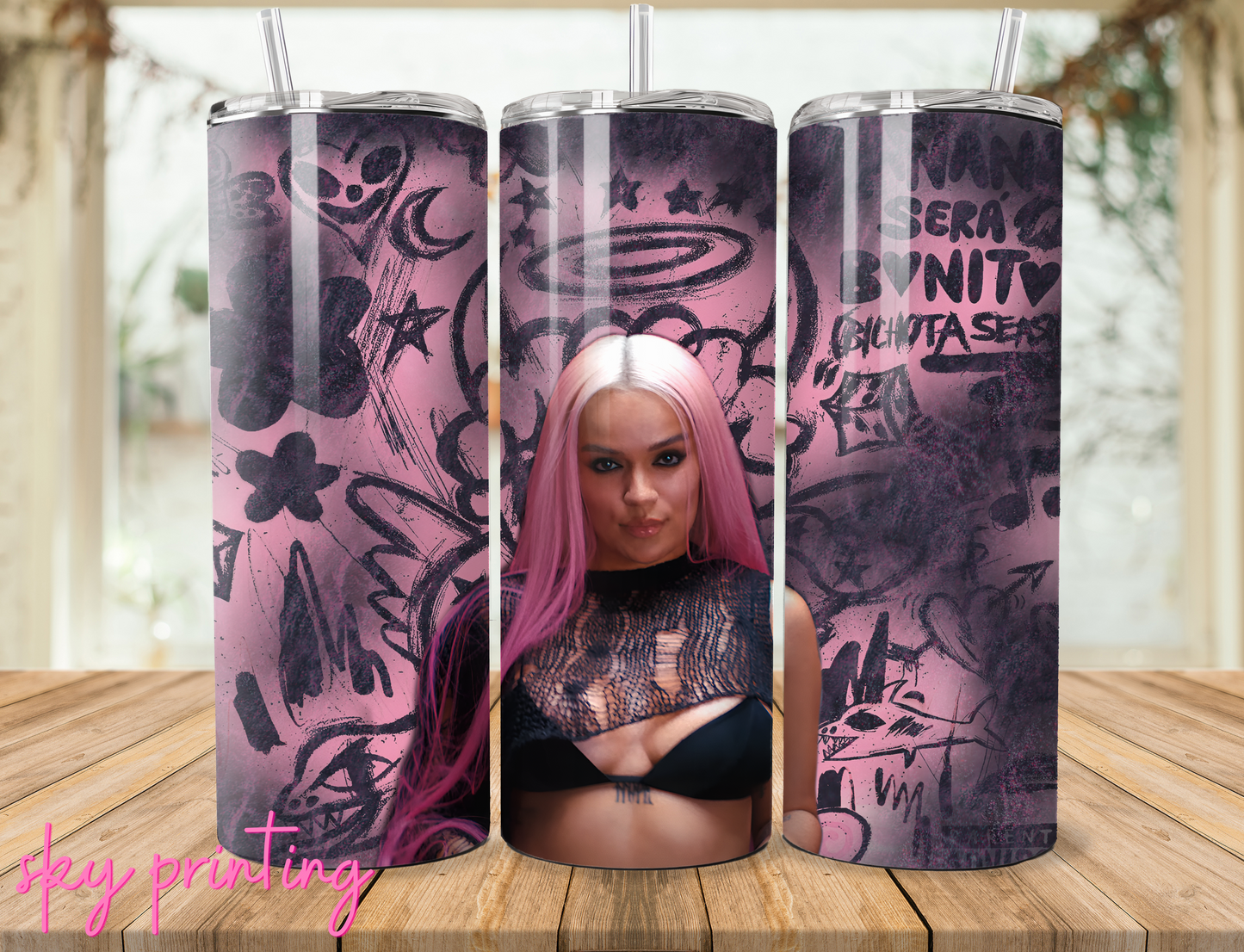 20 oz steel tumbler with plastic straw with Karol image