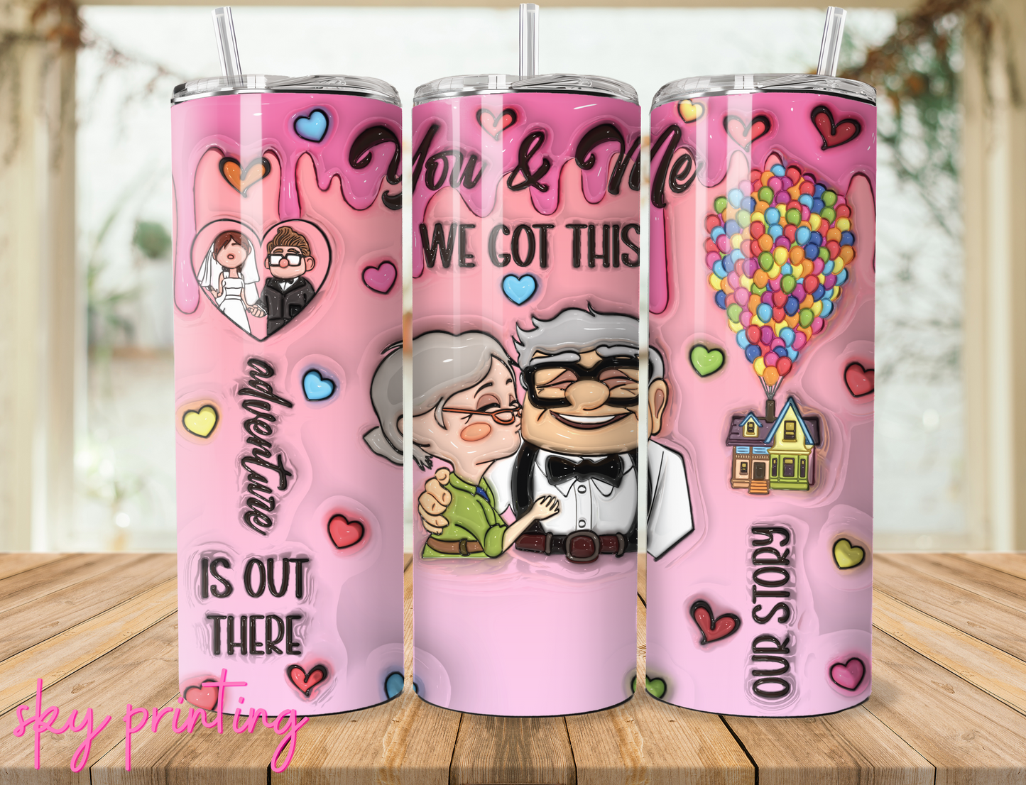 20 oz steel tumbler with plastic straw with Carl and ellie