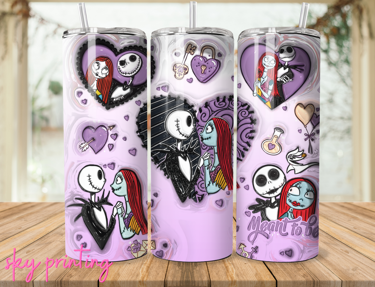 20 oz steel tumbler with plastic straw with Jack and sally