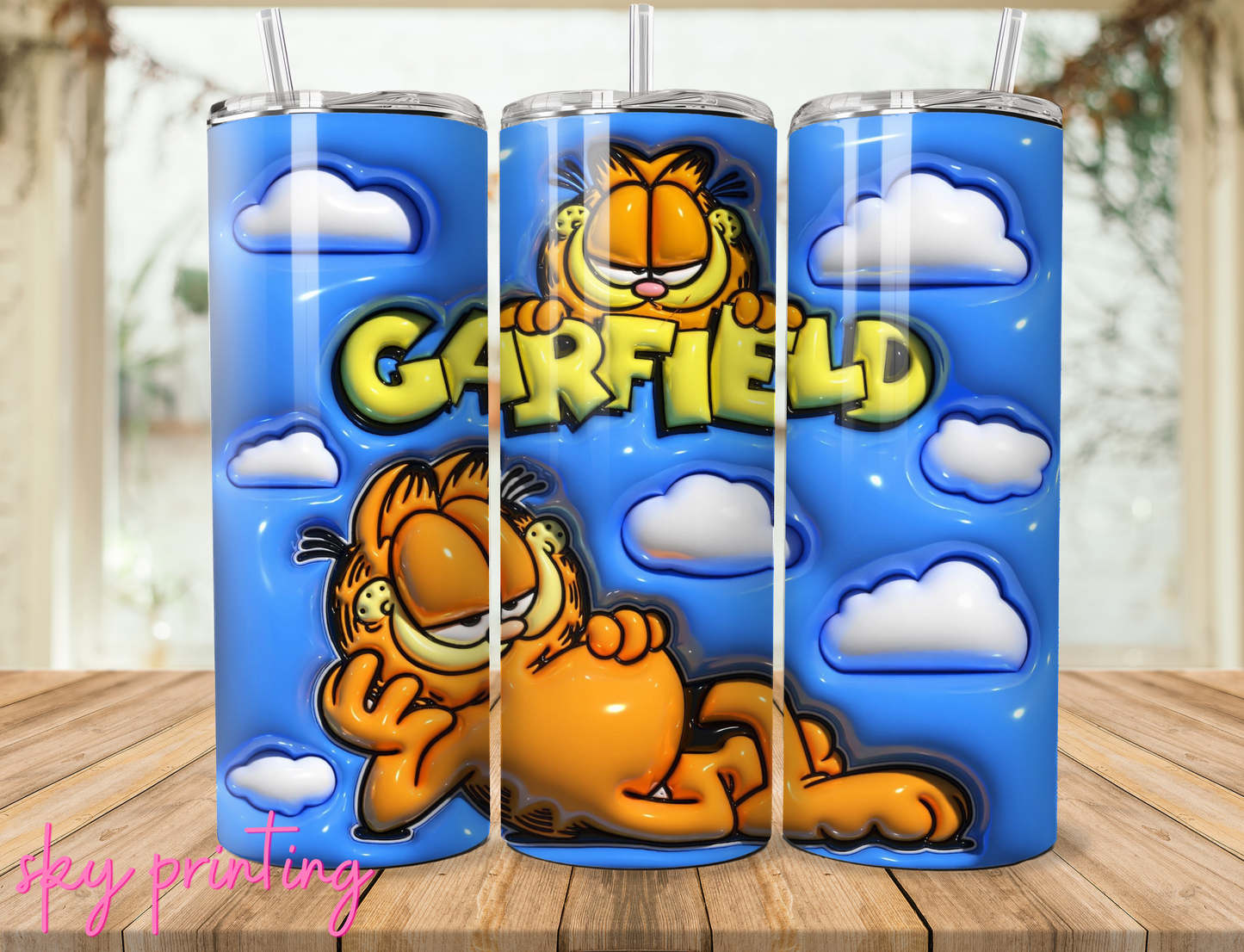 20 oz steel tumbler with plastic straw, Garfield design