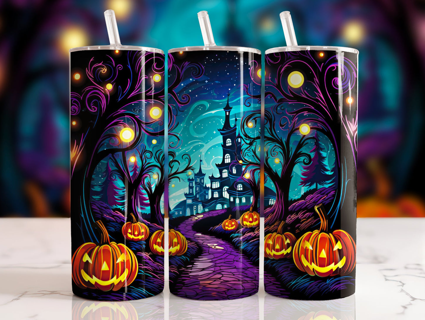 20 oz steel tumbler with plastic straw with Halloween image
