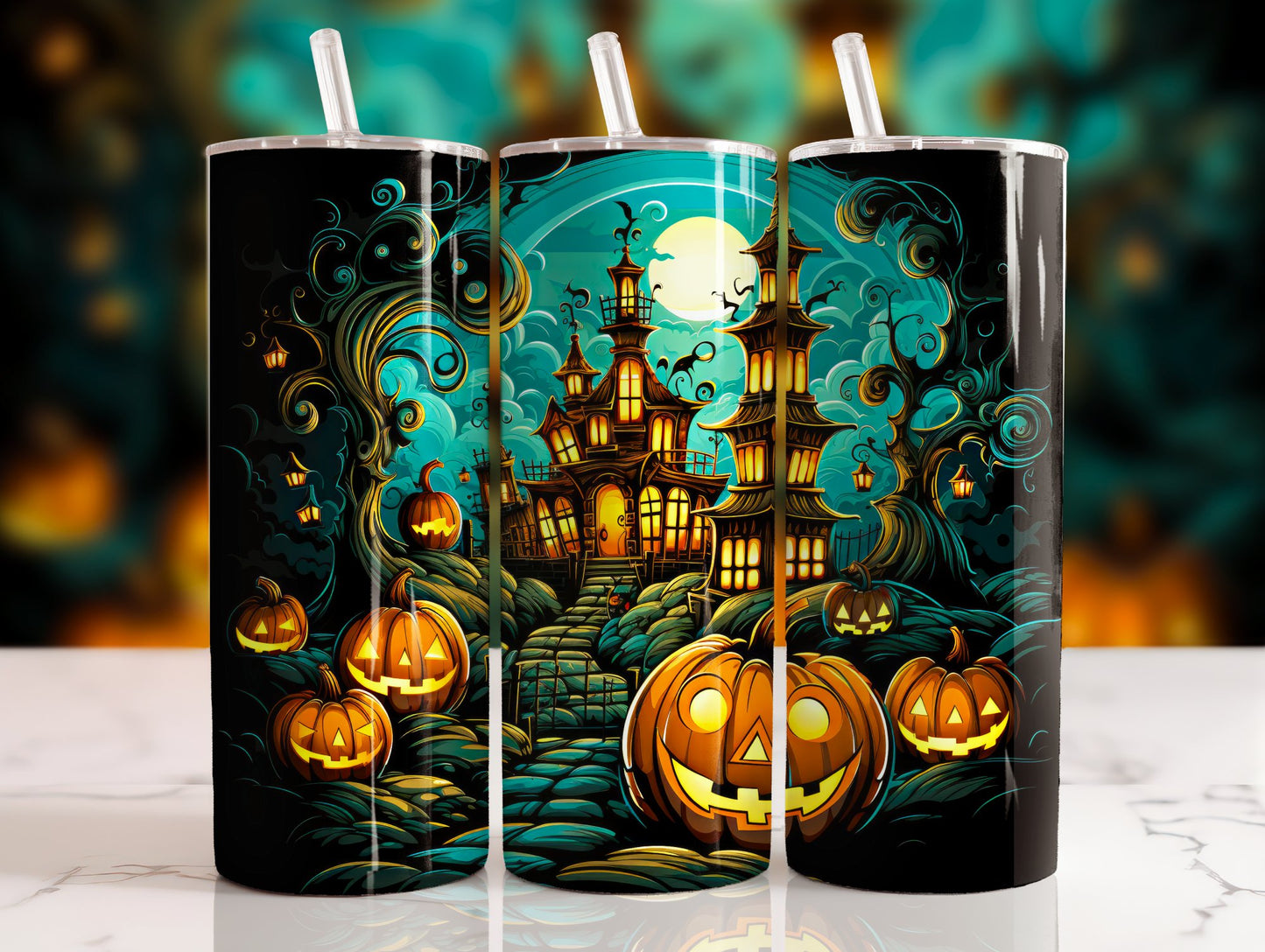 20 oz steel tumbler with plastic straw with Halloween image