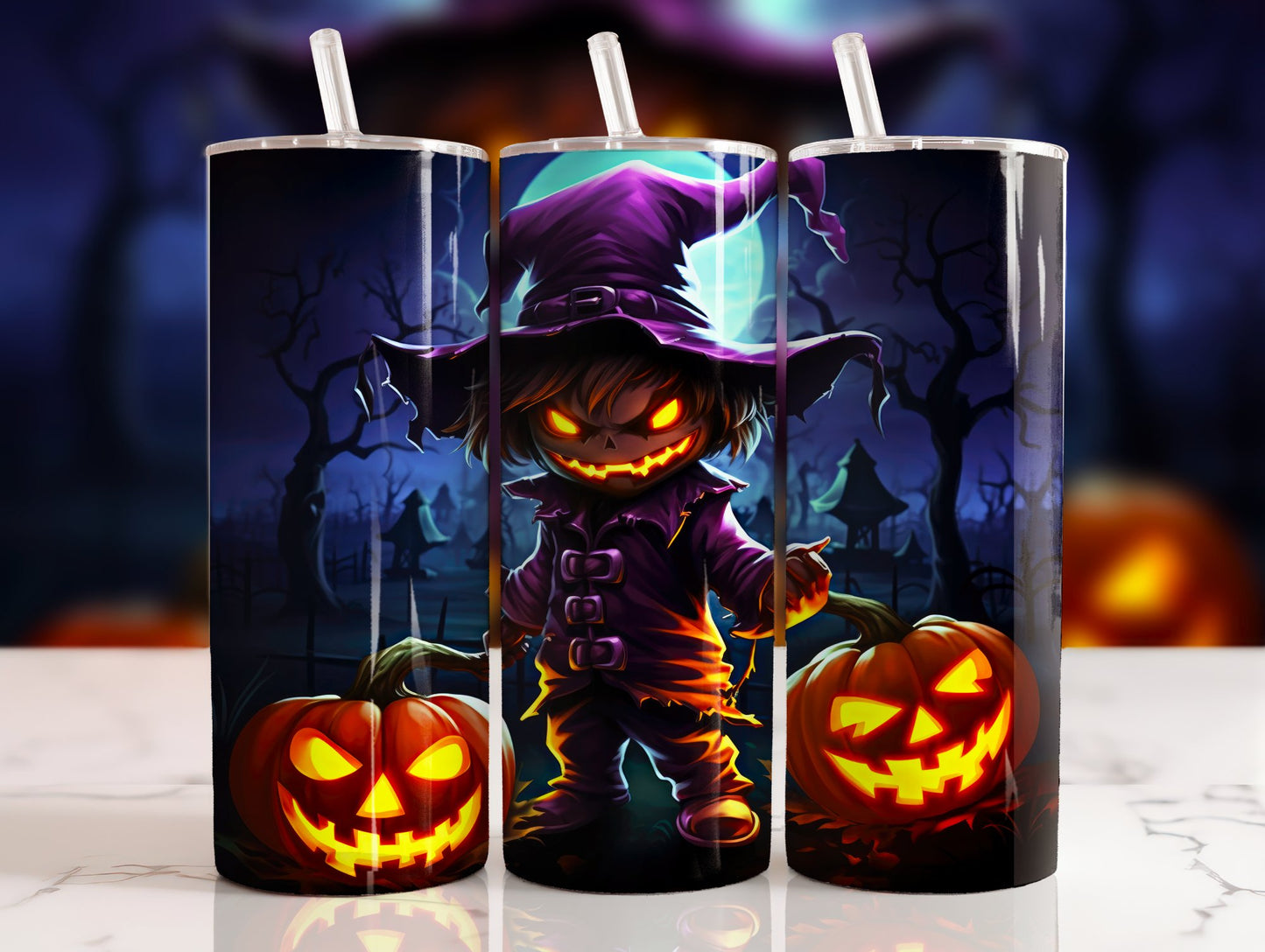 20 oz steel tumbler with plastic straw with Halloween image