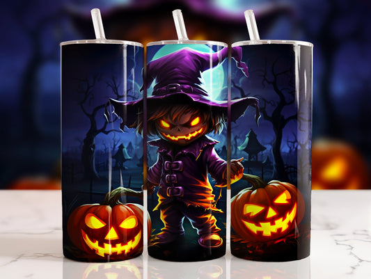 20 oz steel tumbler with plastic straw with Halloween image