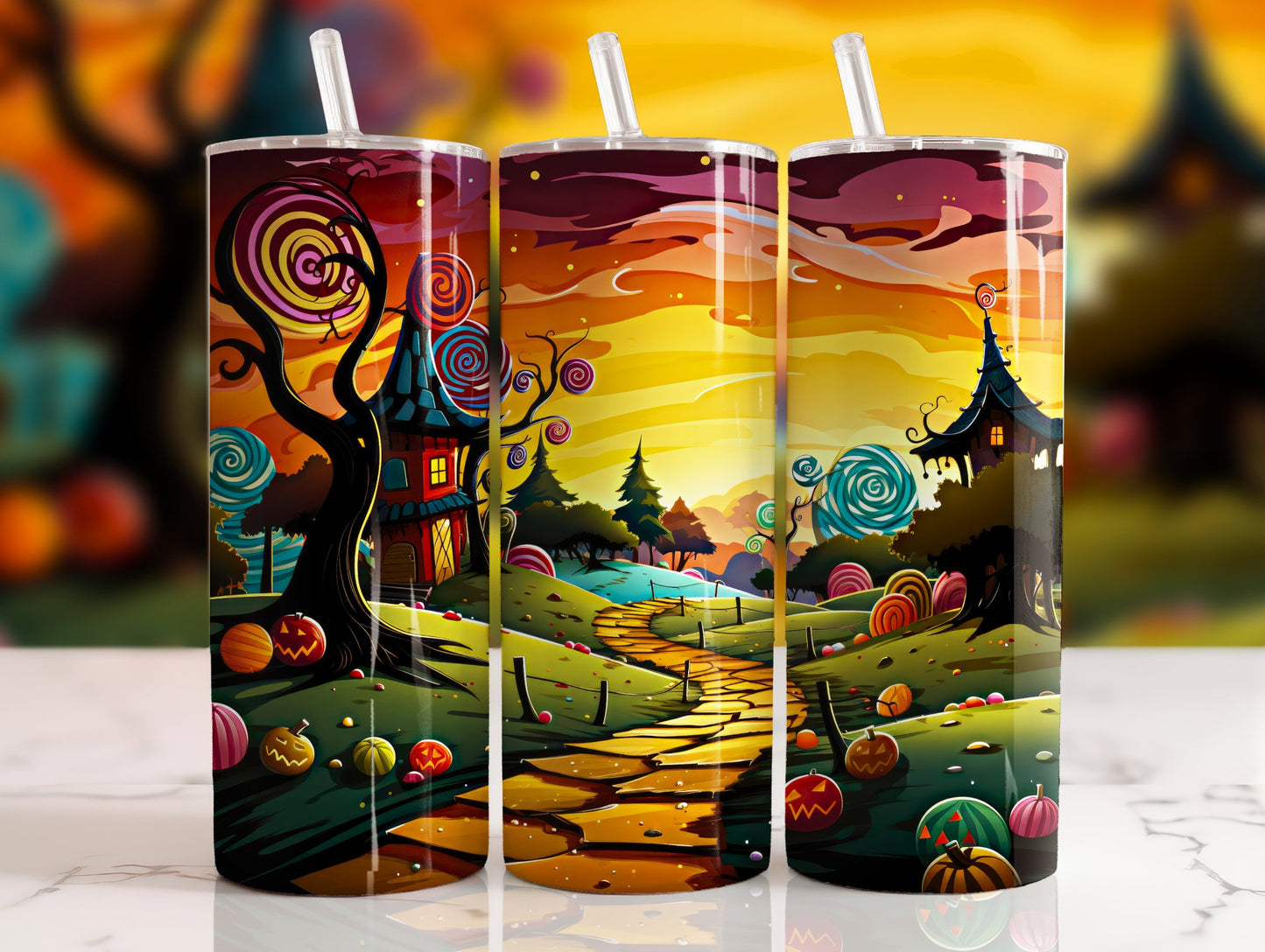 20 oz steel tumbler with plastic straw with Halloween image