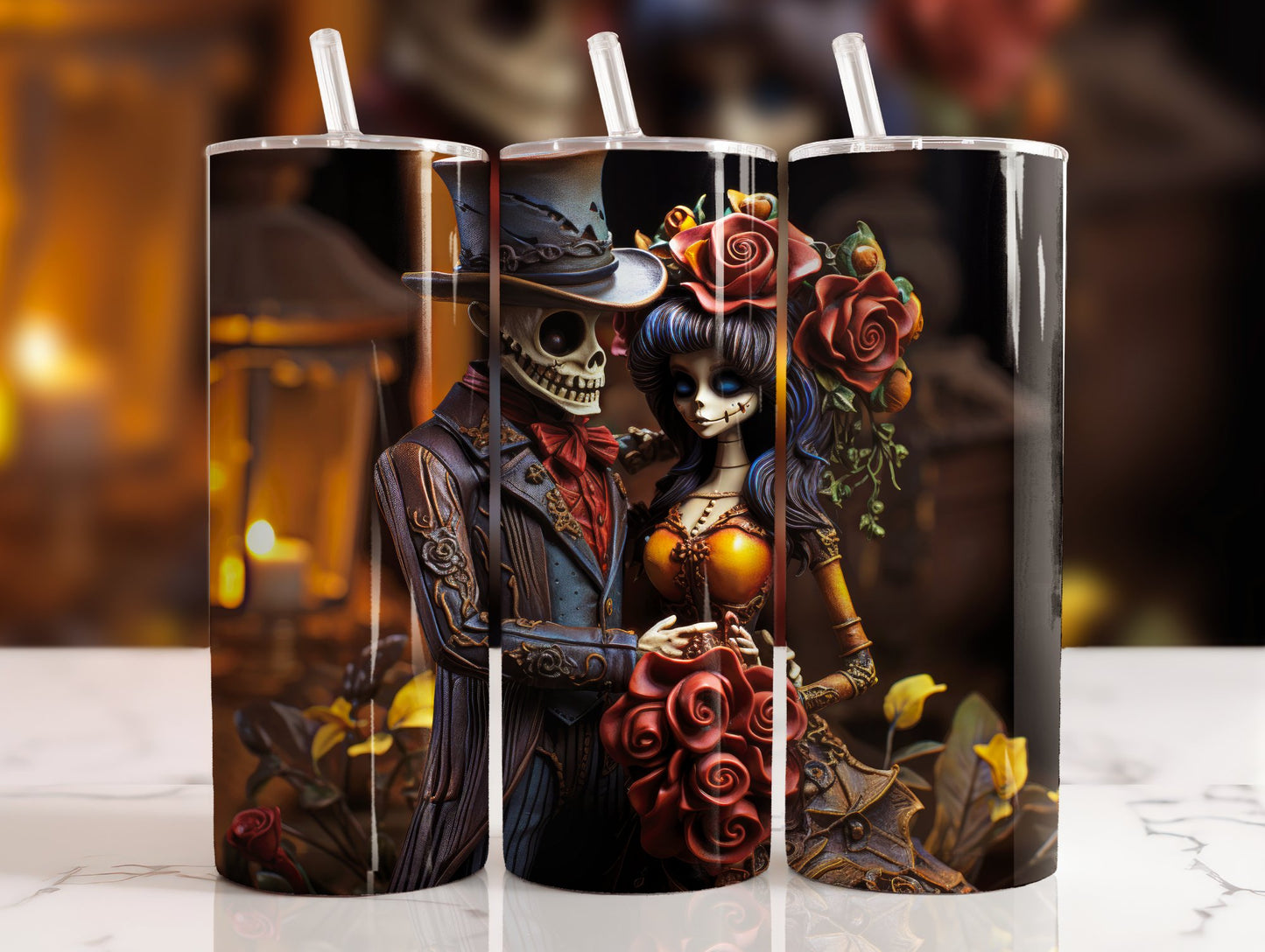 20 oz steel tumbler with plastic straw with Halloween image
