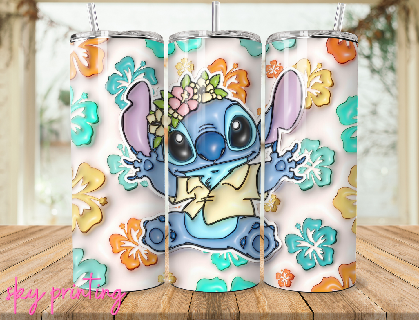 20 oz steel tumbler with plastic straw with stitch image