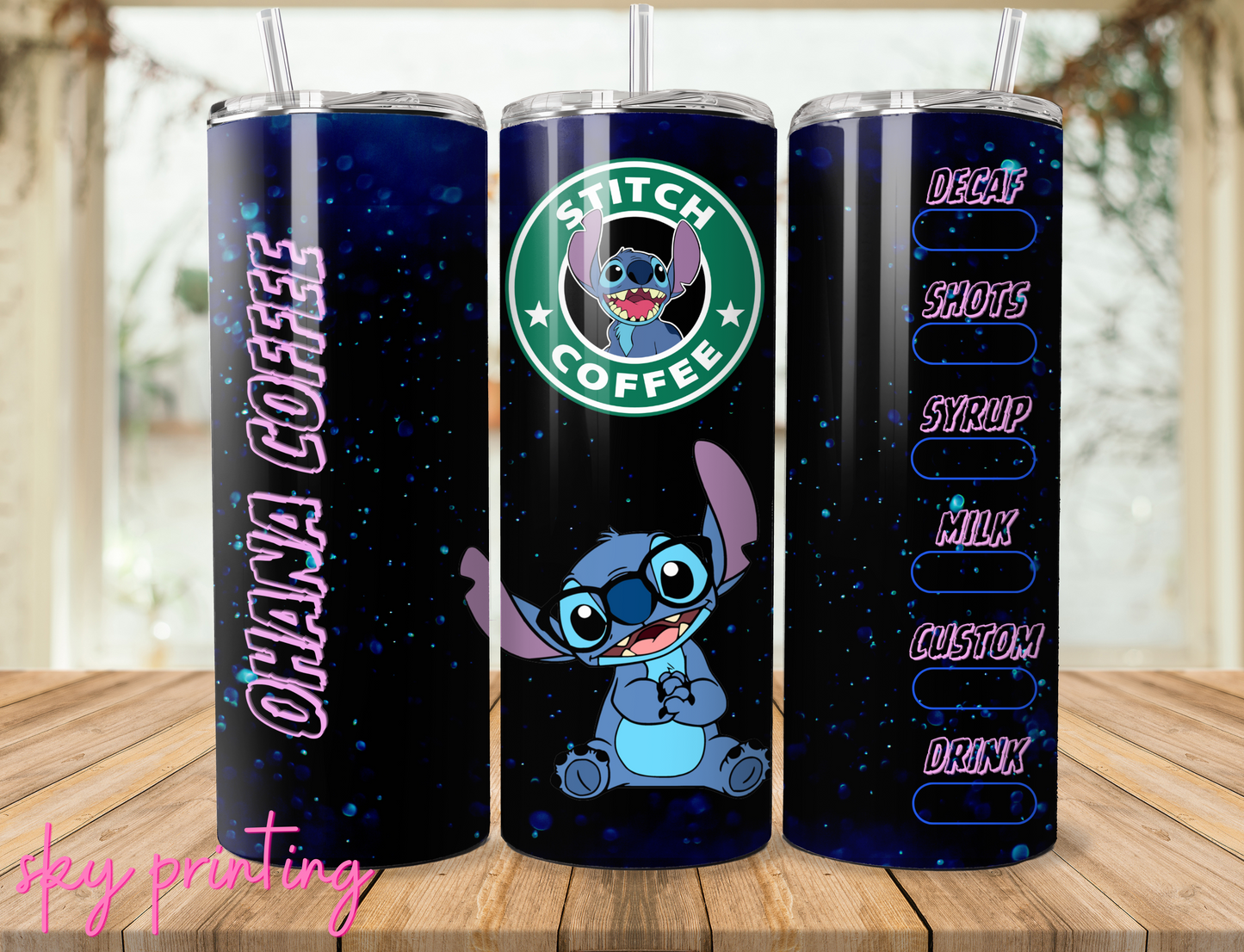 20 oz steel tumbler with plastic straw, stitch design