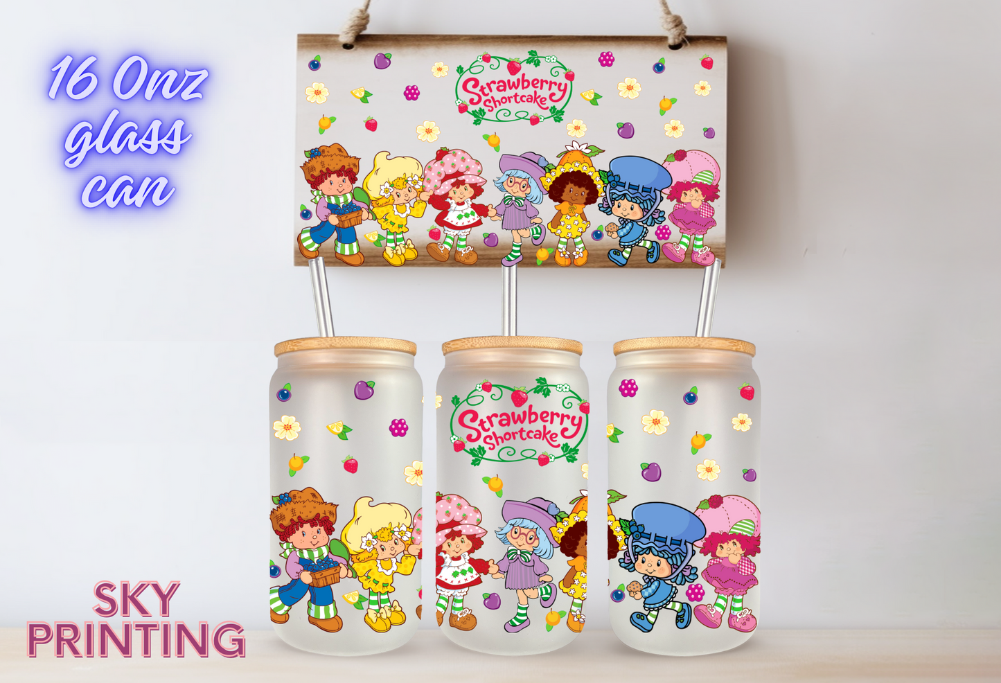 16 oz glass cup bamboo lid and plastic straw, Strawberry shortcake design