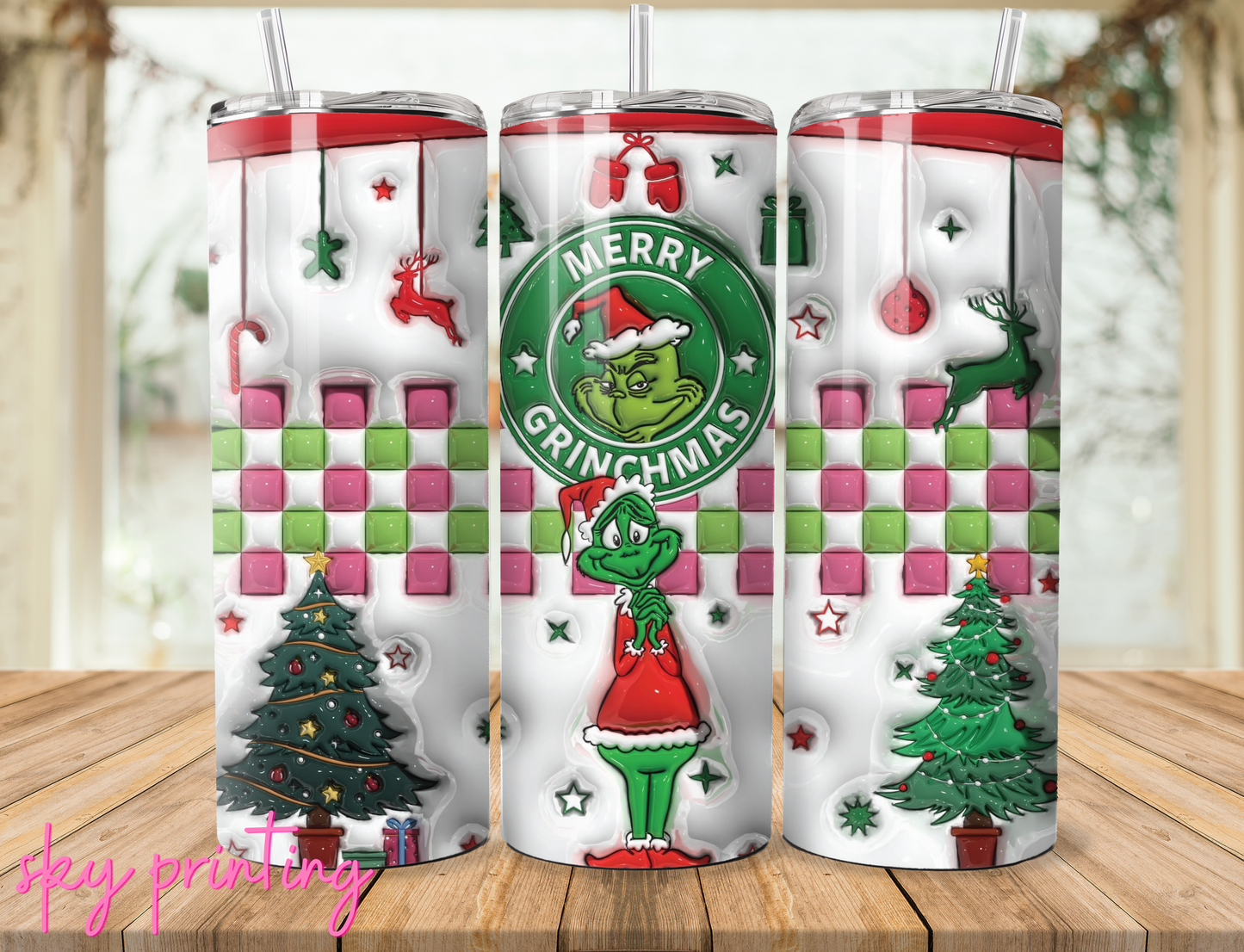 20 oz steel tumbler with plastic straw with Christmas image