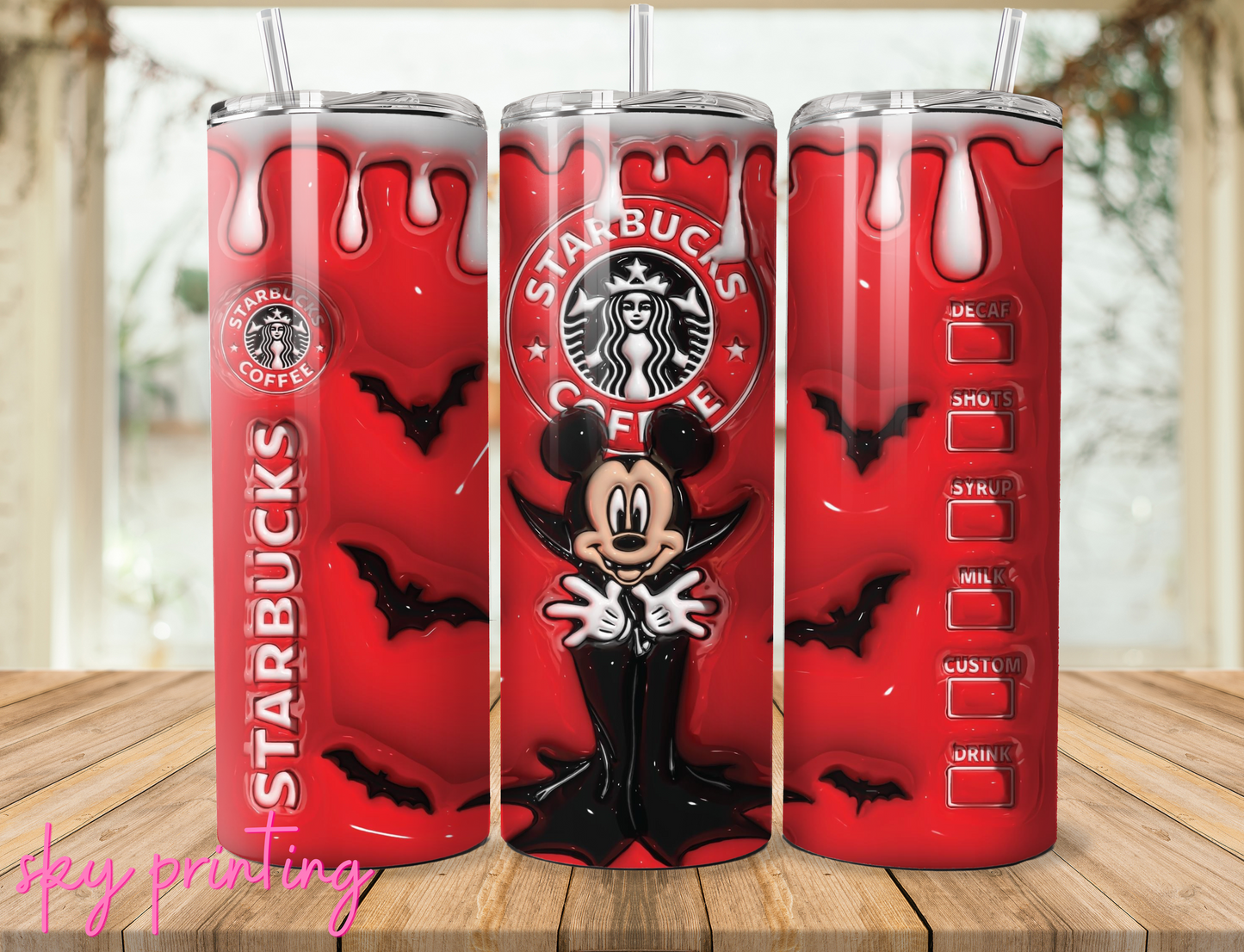 20 oz steel tumbler with plastic straw with mikey mouse design