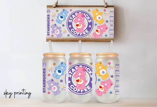 16 oz frosted glass can with care bear image