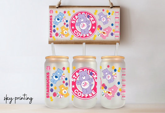 16 oz frosted glass can with starbuck care bear image