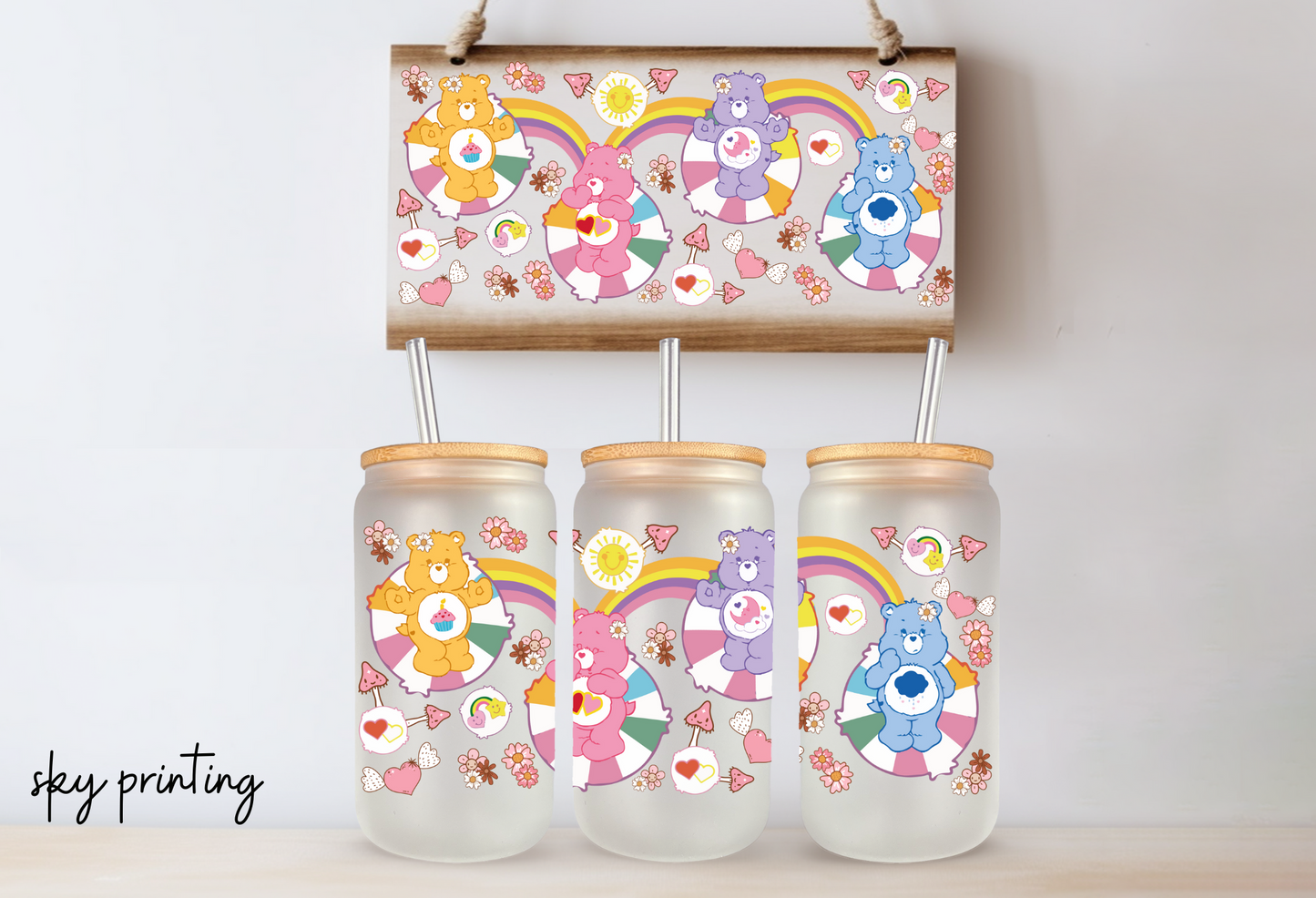 16 oz frosted glass with care bear image