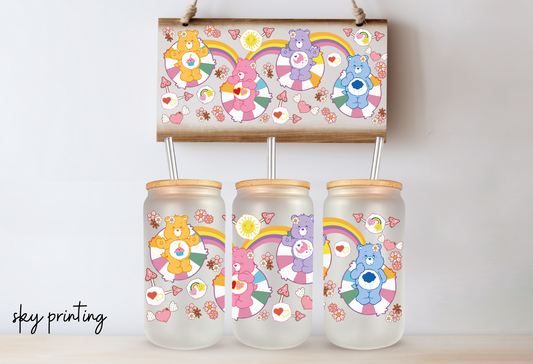 16 oz frosted glass with care bear image