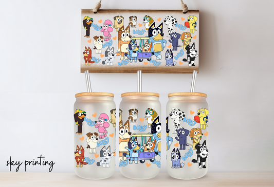 16 oz frosted glass can with bluey image
