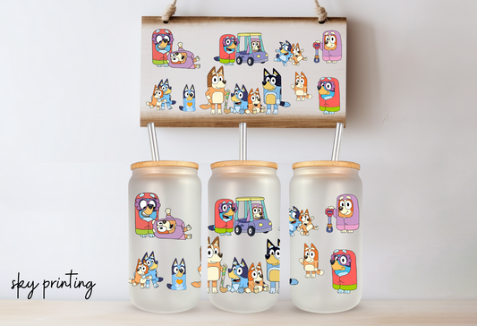 16 oz frosted glass with bluey image