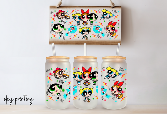 16 oz frosted glass can with power puff image
