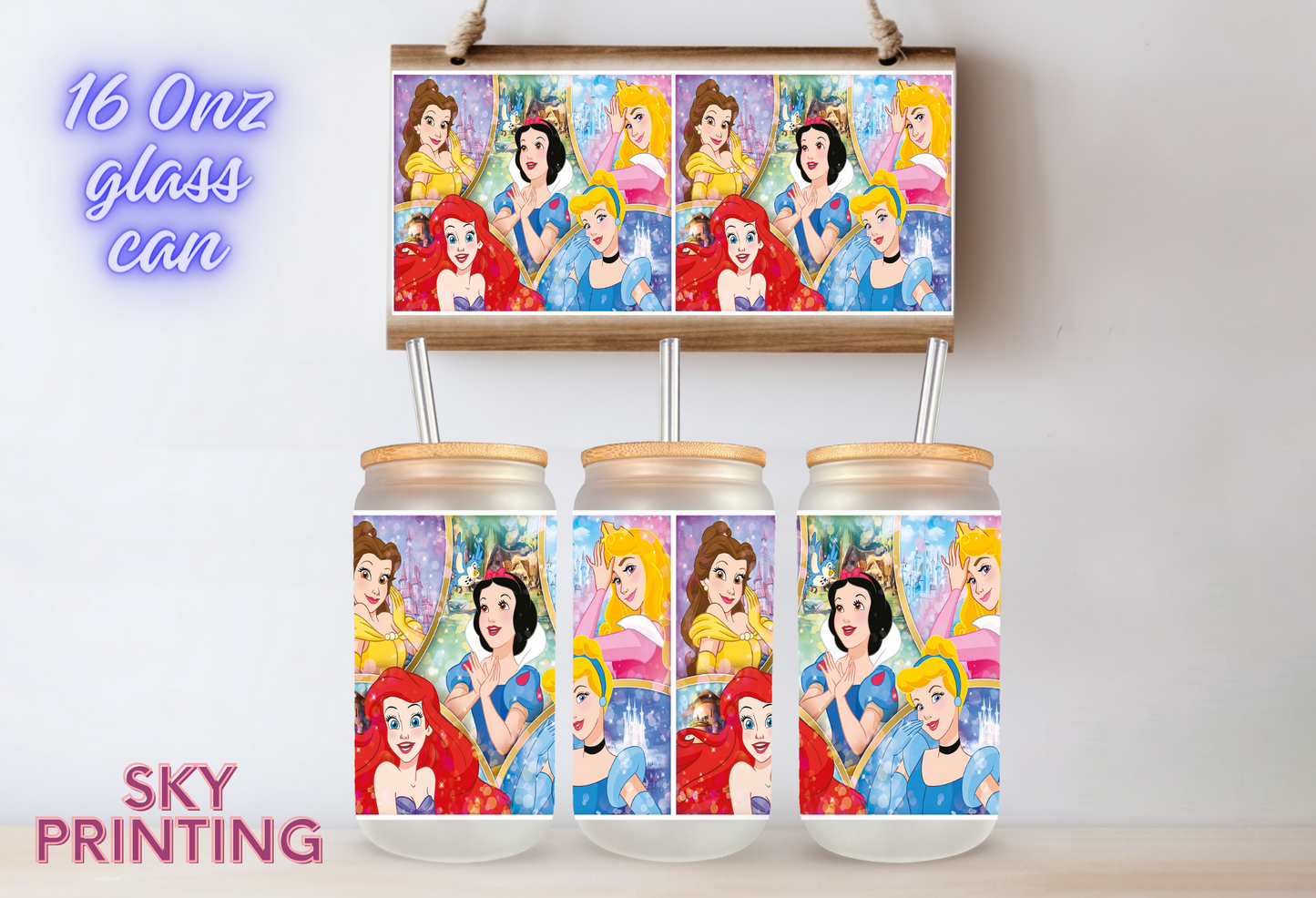16 oz glass cup with bamboo lid and straw, Princess design