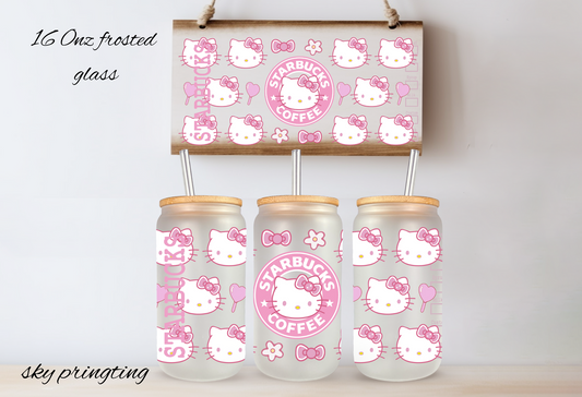 16 oz frosted glass can with bamboo lid and plastic straw with hello kitty design