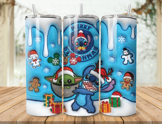 20 oz steel tumbler with plastic straw with Christmas design