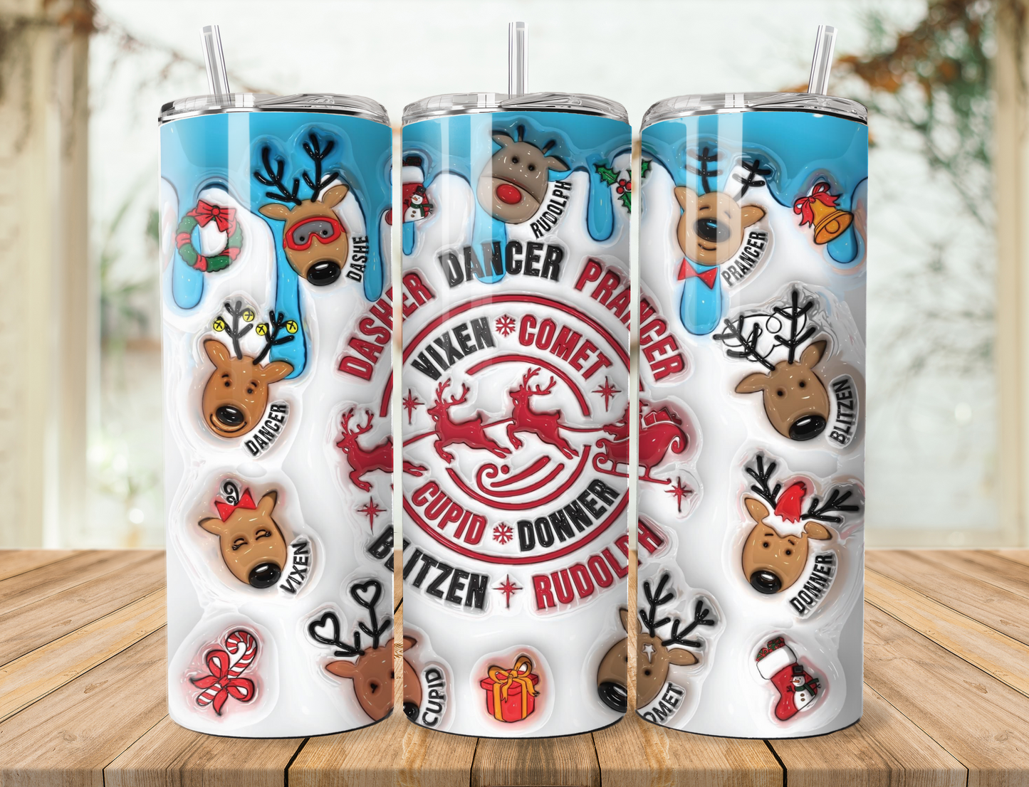 20 oz steel tumbler with plastic straw with Christmas design