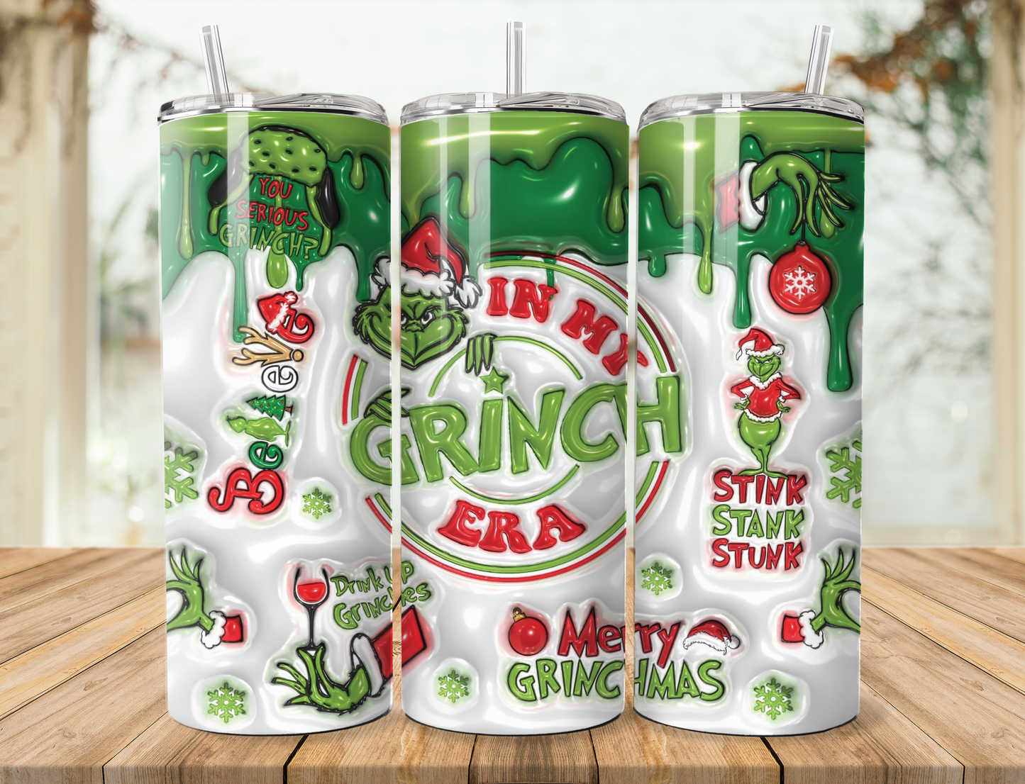 20 oz steel tumbler with plastic straw with Christmas design