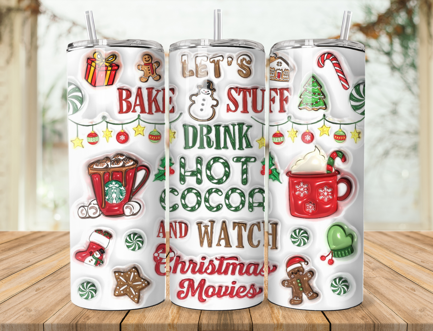 20 oz steel tumbler with plastic straw with Christmas design
