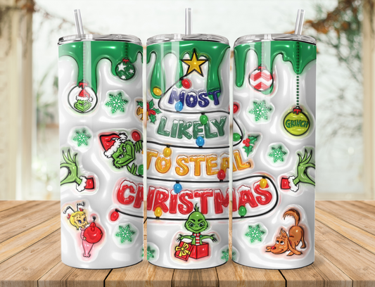 20 oz steel tumbler with plastic straw with Christmas design